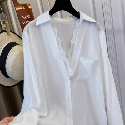 2026春季新款女装高级感穿搭白色法式蕾丝拼接衬衫上衣外穿0125h