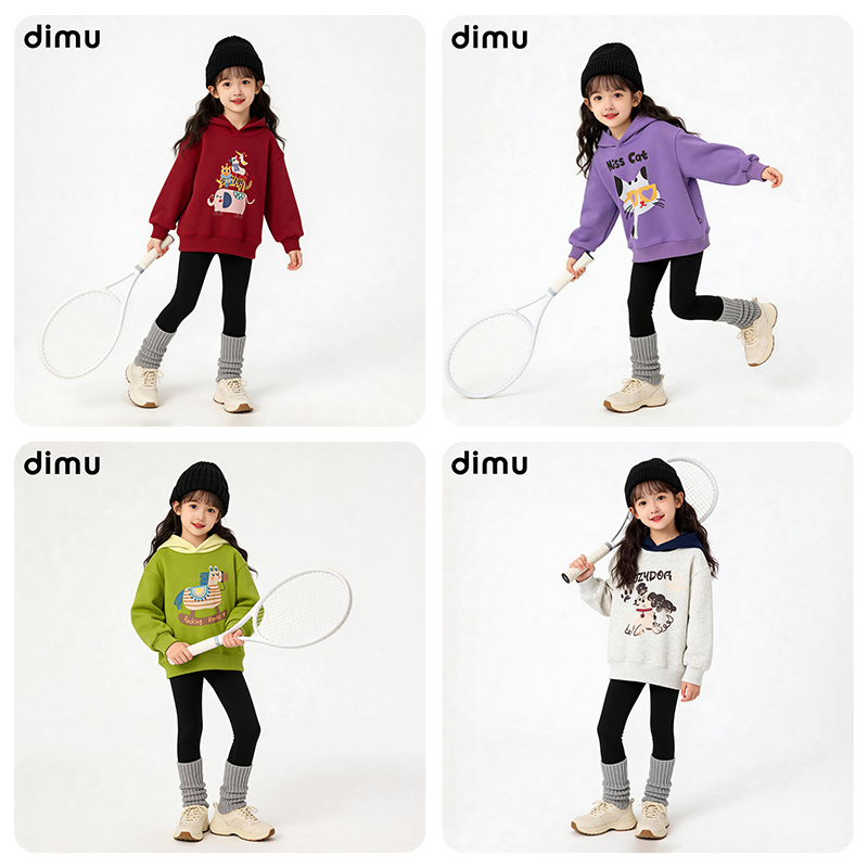 笛牧童装女童红色加绒卫衣2025新款秋冬季儿童加厚新年服女孩冬装