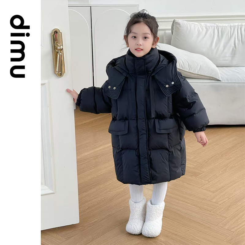 笛牧女童羽绒服中长款黑加厚保暖