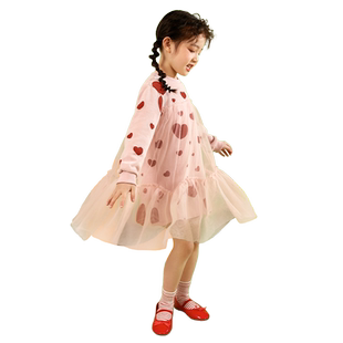 笛牧童装女童2026春季新款甜美洋气爱心印花长袖网纱中童连衣裙
