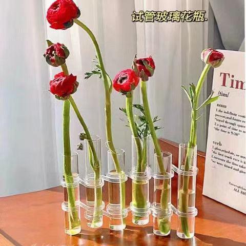 简约创意一排试管玻璃花瓶透明轻奢玫瑰百合客厅桌面插花水培器皿