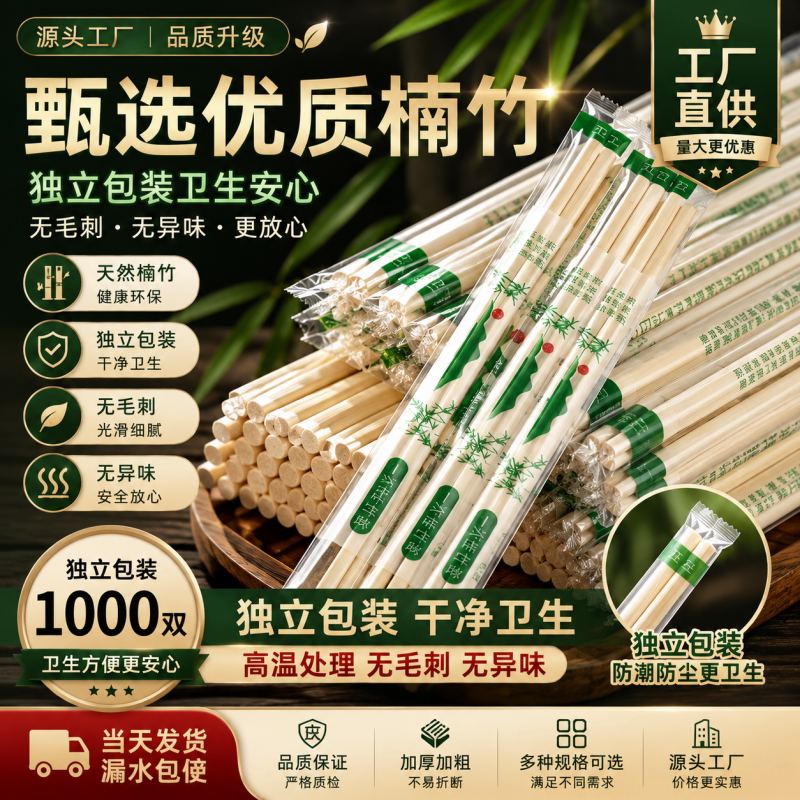 一次性筷子商用批发饭店专用便宜方便家用卫生快餐1000双外卖餐具