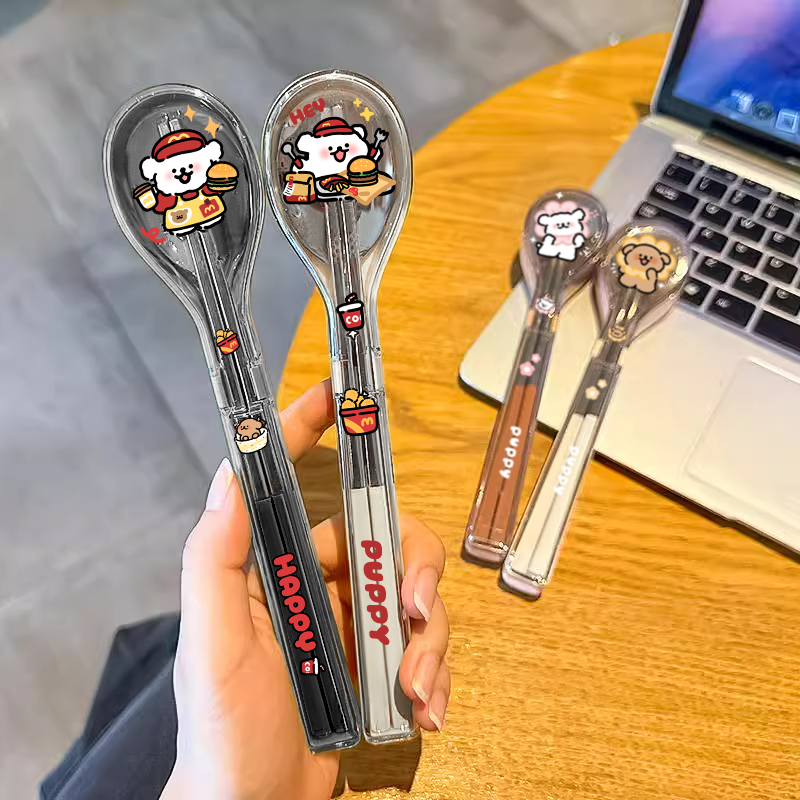 麦当劳线条狗不锈钢餐具两件套一筷一勺便携上班族和学生党餐具盒