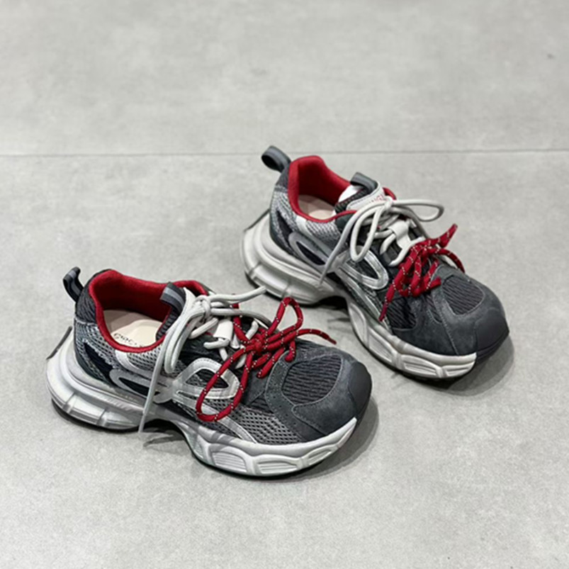 真皮双鞋带网面厚底老爹鞋女2025秋季新款增高百搭炸街休闲运动鞋