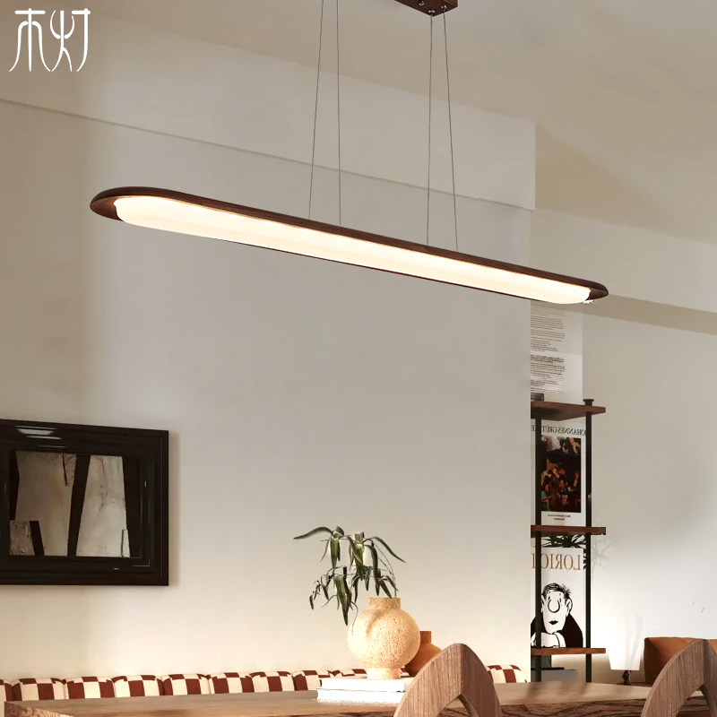 新中式餐厅吊灯宋代美学胡桃木极简一字长条茶室顶灯中古风艺术灯