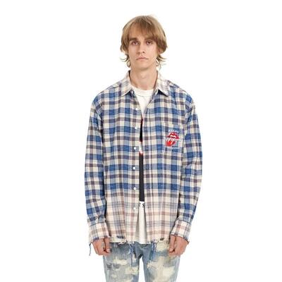 False Perception高街复古破坏做旧褪色格子衬衫宽松休闲长袖衬衣