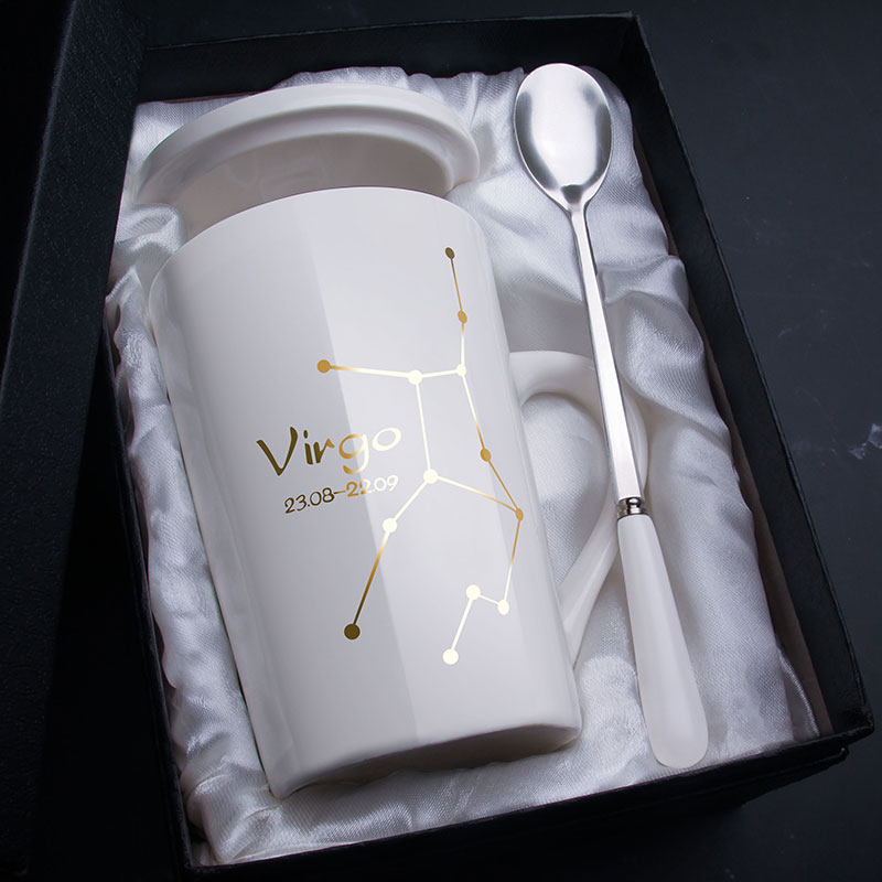 创意个性十二星座陶瓷马克杯带盖勺礼盒杯子情侣喝水杯家用咖啡杯