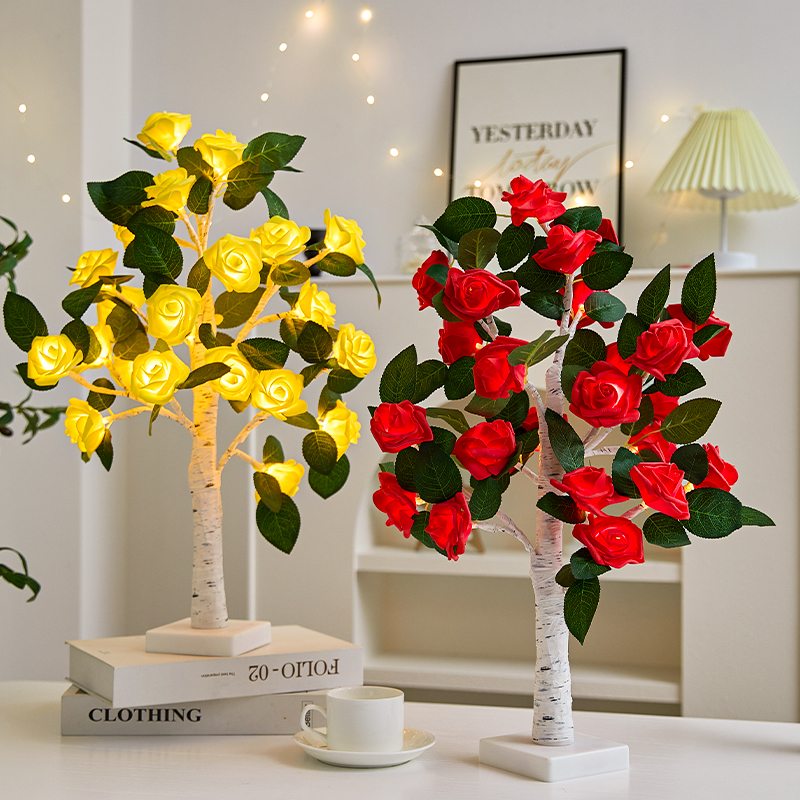 玫瑰花树灯桌摆件高级感小夜灯led发光房间卧室风格床头灯氛围灯