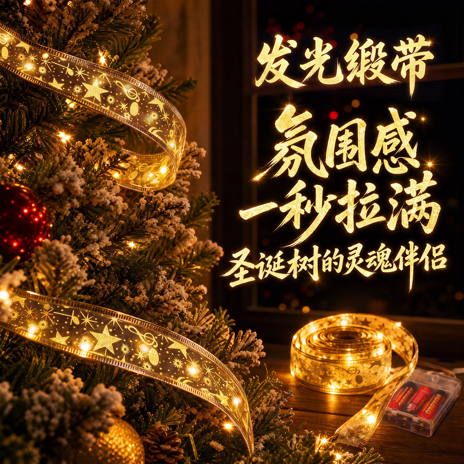 圣诞树装饰品挂件发光丝带led彩灯带圣诞节氛围装扮缎带造景布置