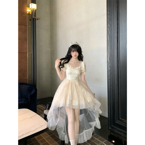 2026夏季新款公主裙蓬蓬细闪拖尾连衣裙女小香风生日裙甜美短裙子