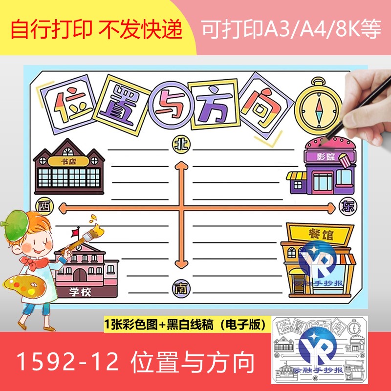 1592-12三年级数学位置与方向手抄报模板电子版认识辨认东西南北