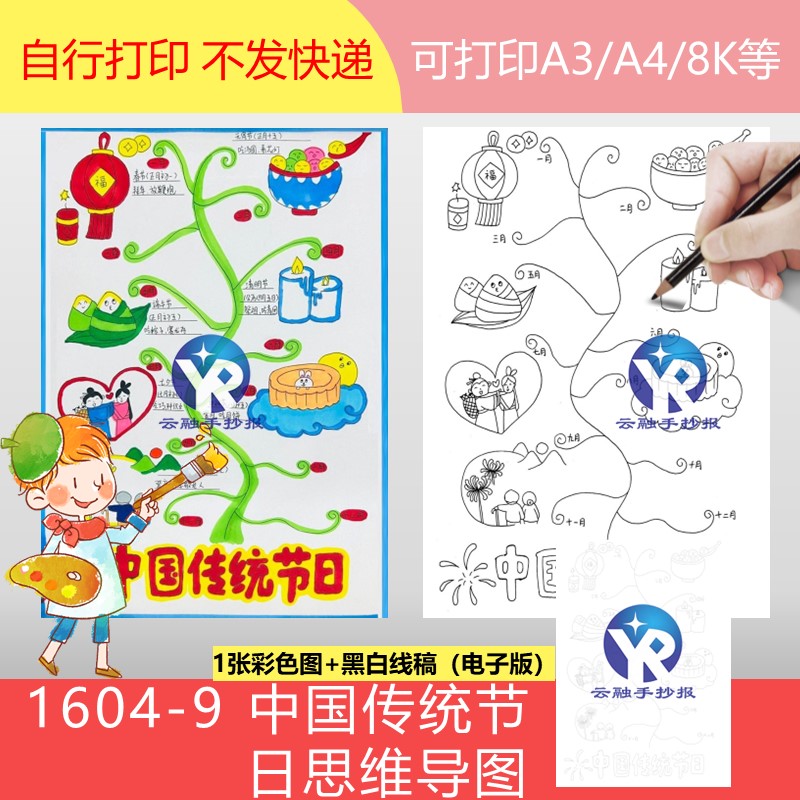 1604-9中国传统节日名称时间饮食知识树小学生手抄报模板电子版