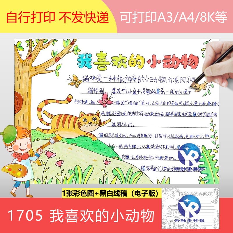 1705我喜欢的小动物手抄报模板电子版小学生户外观察记录小猫蝴蝶