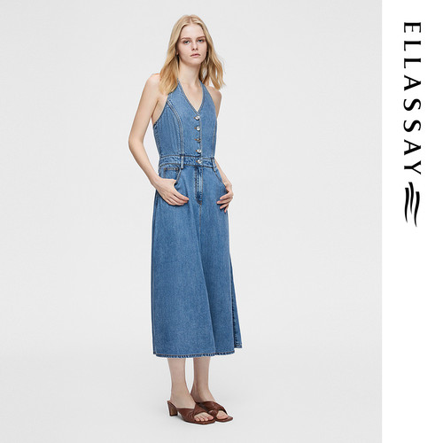 ELLASSAY歌力思春季新款100%莱赛尔挂脖牛仔连衣裙女EWB362N01000