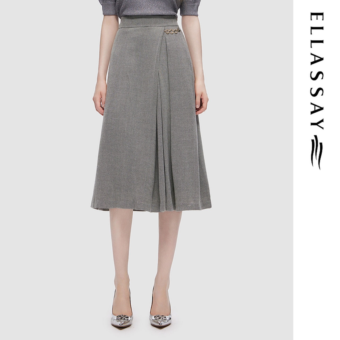 ELLASSAY歌力思秋冬新款简约优雅气质感百褶半身裙女EWF334Q00700