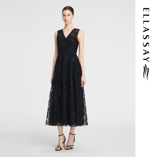 ELLASSAY歌力思夏季新款蕾丝V领百搭收腰连衣裙女EWE353U01000