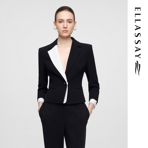 ELLASSAY歌力思春季新款黑白撞色翻驳领收腰西装女EWF361T04200