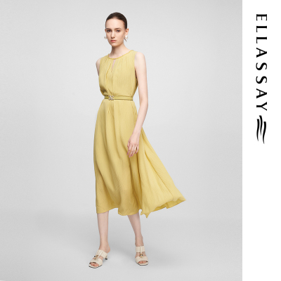 ELLASSAY歌力思春夏新款桑蚕丝捏褶钉珠无袖连衣裙女EWF362Y08900