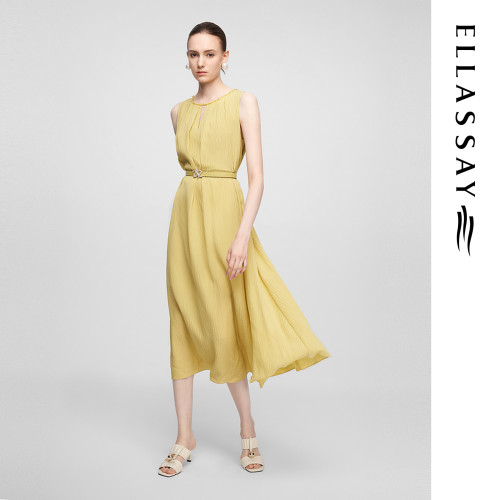 ELLASSAY歌力思春夏新款桑蚕丝捏褶钉珠无袖连衣裙女EWF362Y08900