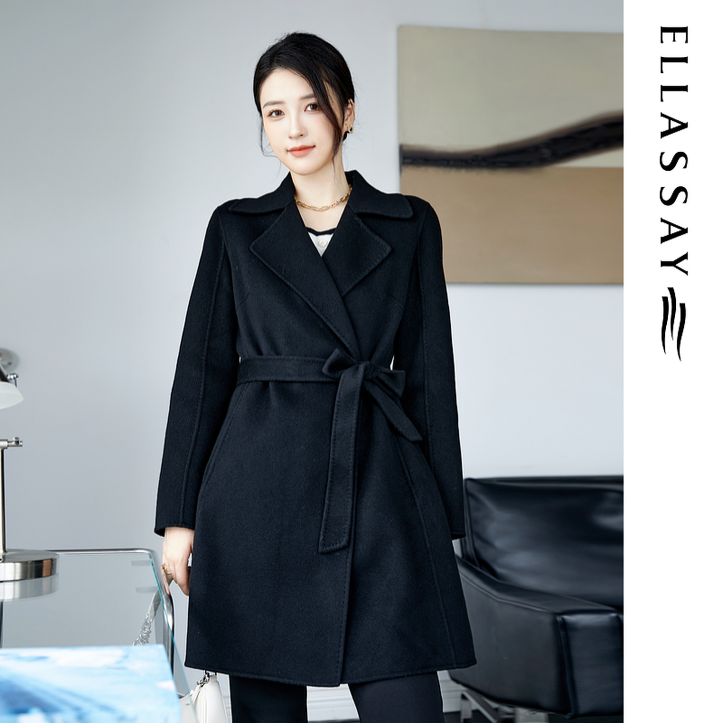 ELLASSAY歌力思秋冬新款经典纯色收腰100%羊绒大衣女EWE333D00800