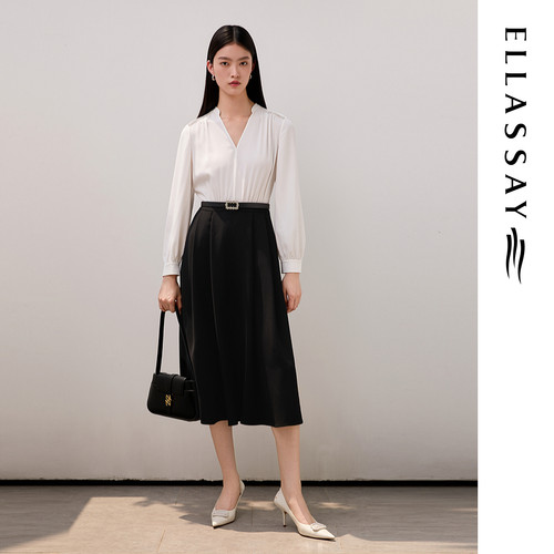 ELLASSAY歌力思秋季新款优雅气质V领长袖连衣裙女EWU363Y01300