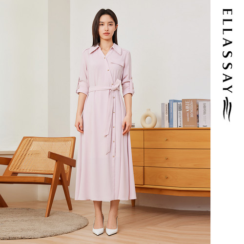 ELLASSAY歌力思2026春季新款小v领系带收腰连衣裙女EWD365Y10300