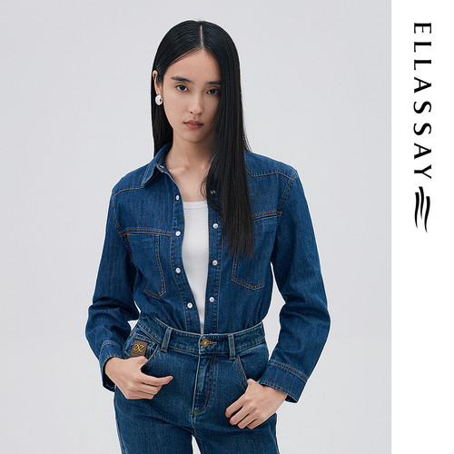 ELLASSAY歌力思秋季新款时尚纯棉廓形简约牛仔衬衫女EWB333C01500