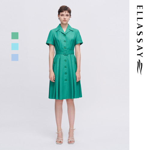 ELLASSAY歌力思夏季新款复古翻领衬衫式纯色连衣裙女EWE342Y03200