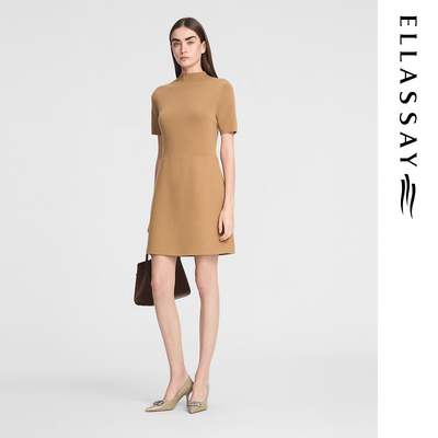 ELLASSAY歌力思秋季新款绵羊毛简约针梭拼接连衣裙女EWE354Y00200