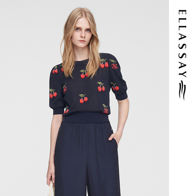 ELLASSAY歌力思夏季新款棉复古樱桃提花毛针织衫女EWW352M05700