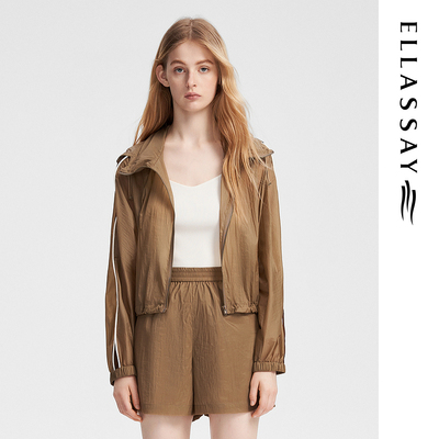 ELLASSAY歌力思夏季新款轻薄舒适长袖短款连帽衬衫女EWB353C01400