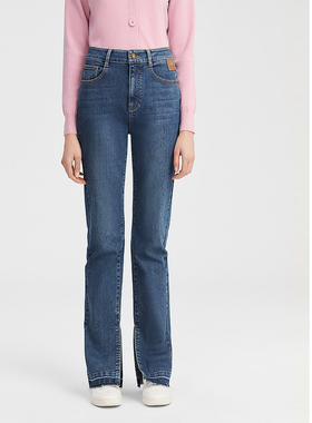 ELLASSAY歌力思秋季新款棉高腰侧开叉直筒牛仔裤女EWW343N01200