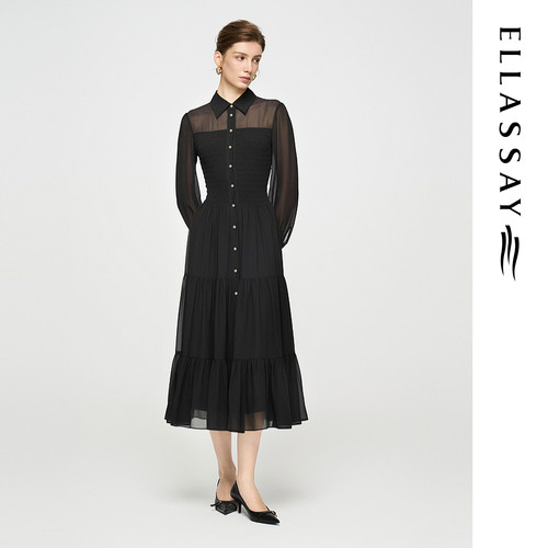 ELLASSAY歌力思秋季新款气质黑色雪纺衬衫连衣裙女EWD363Y02800