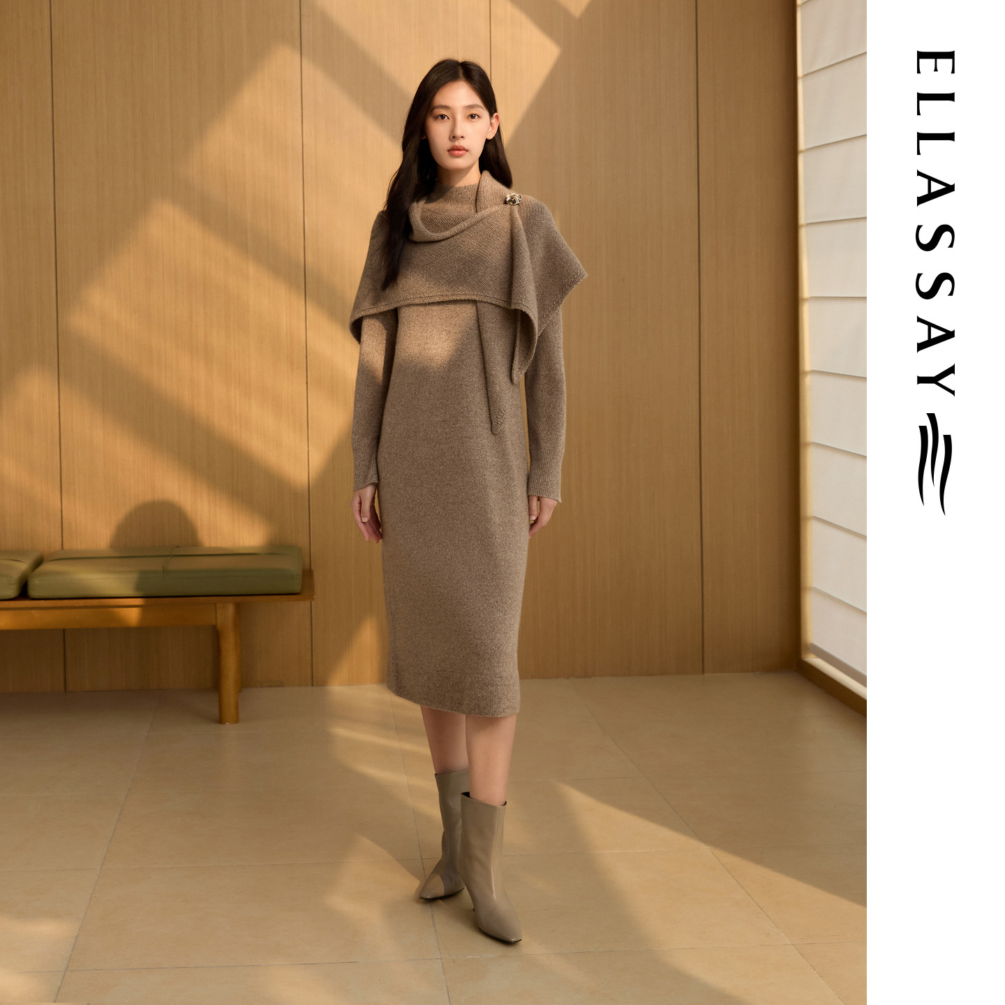 ELLASSAY歌力思秋冬新款绵羊毛气质配披肩连衣裙女EWF364M00500