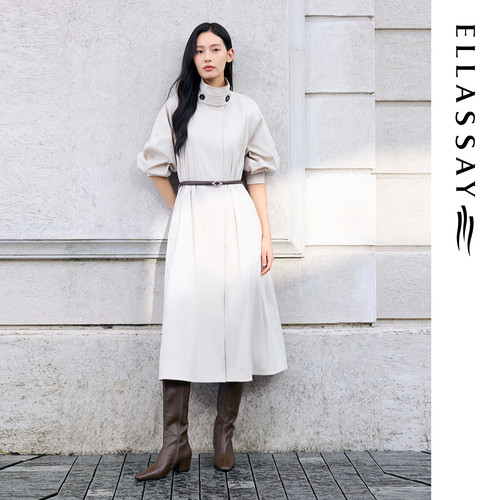 ELLASSAY歌力思26早春新款棉灯笼袖立领风衣连衣裙女EWE371Y03800