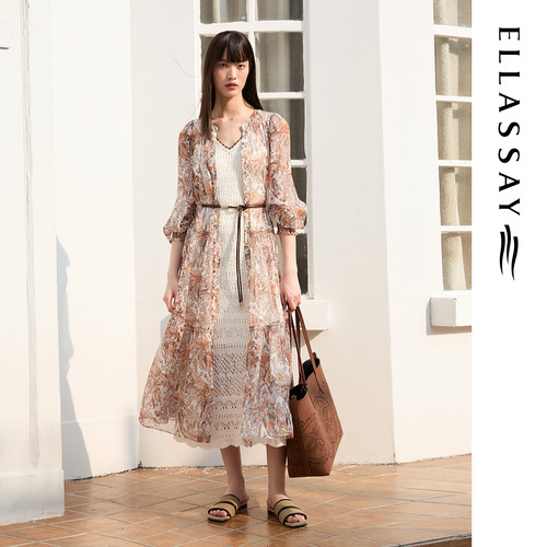 ELLASSAY歌力思秋冬新款高原花卉印花真两件连衣裙女EWW363Y00800