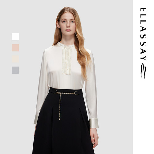 ELLASSAY歌力思夏季新款桑蚕丝法式木耳边设计衬衫女EWU353C00100