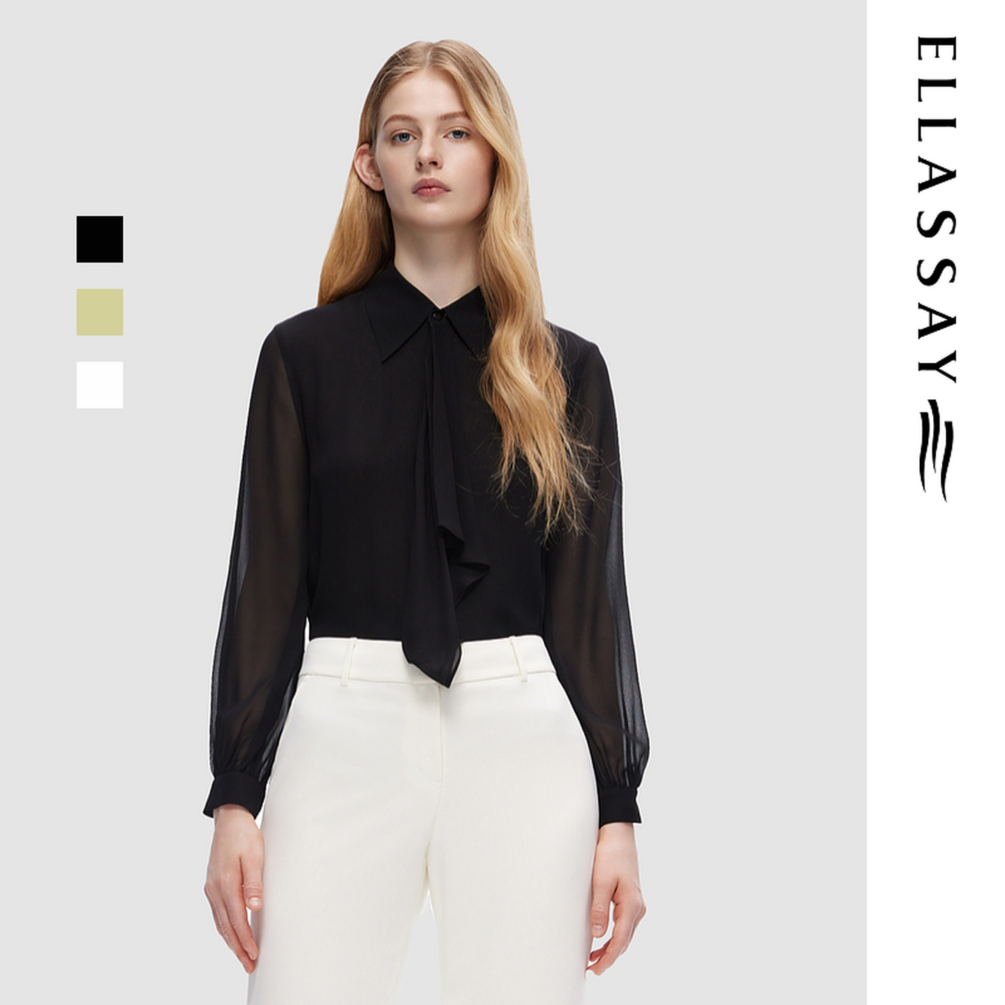 ELLASSAY歌力思秋季新款简约通勤轻盈飘带雪纺衬衫女EWD353C01800