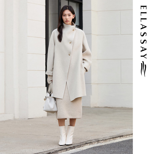 ELLASSAY歌力思2026秋冬新款绵羊毛手工钩边大衣女EWE364D07700
