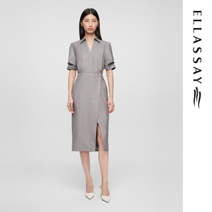 ELLASSAY歌力思春夏新款极简高级V领通勤连衣裙女EWE361Y11200