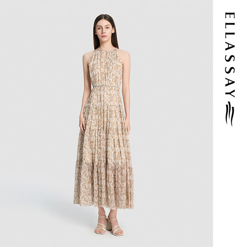 ELLASSAY歌力思2026夏季新款100%桑蚕丝挂脖连衣裙女EWD372Y03700