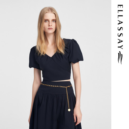 ELLASSAY歌力思春夏新款V领修身简约时尚短款衬衫女EWB352C00300