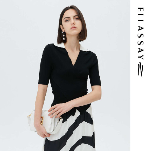 ELLASSAY歌力思秋冬新款桑蚕丝拼色翻领套头针织衫女EWF333M10700