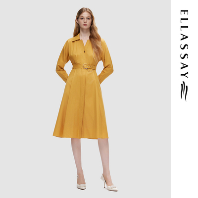 ELLASSAY歌力思秋季新款绵羊毛优雅简约系带连衣裙EWF334Y00700
