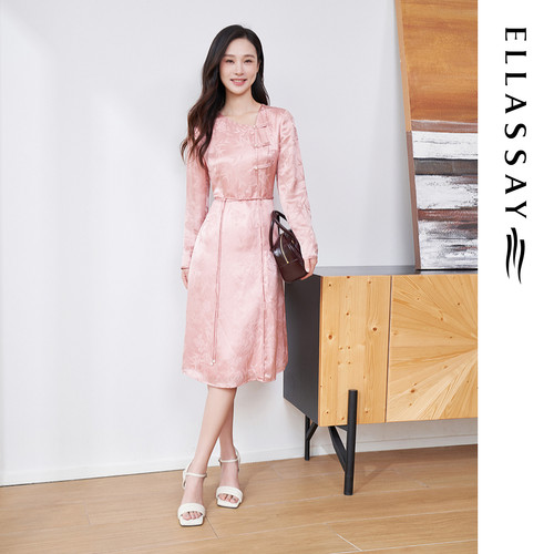 ELLASSAY歌力思秋季新款桑蚕丝新中式斜襟连衣裙女EWA356Y01800