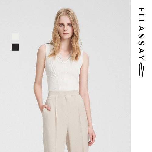 ELLASSAY歌力思春季新款网纱V领拼接针织背心女EWE351M08400