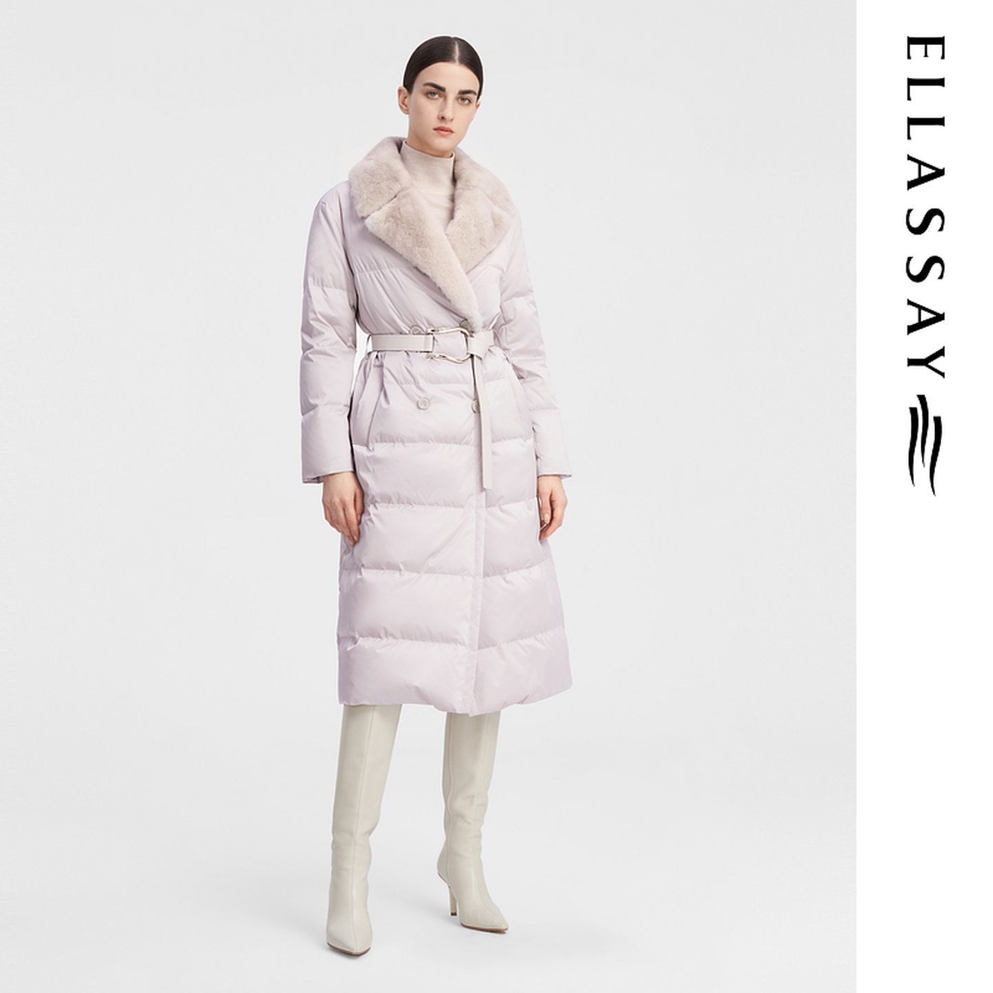 ELLASSAY歌力思冬季新款水貂毛翻领长款鹅绒羽绒服女EWF344L00600