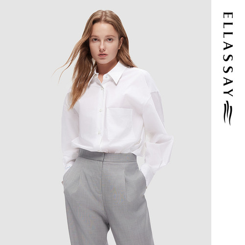 ELLASSAY歌力思早秋新款棉百搭通勤白色长袖衬衫女EWW343C02200