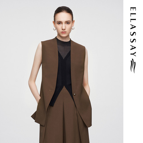 ELLASSAY歌力思春夏新款绵羊毛海藻绿极简无袖马甲女EWF362B00700