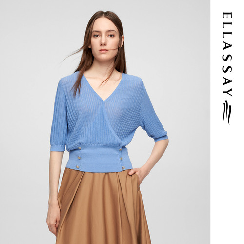 ELLASSAY歌力思早春新款亚麻微透交叠领收腰针织衫女EWE361M11700